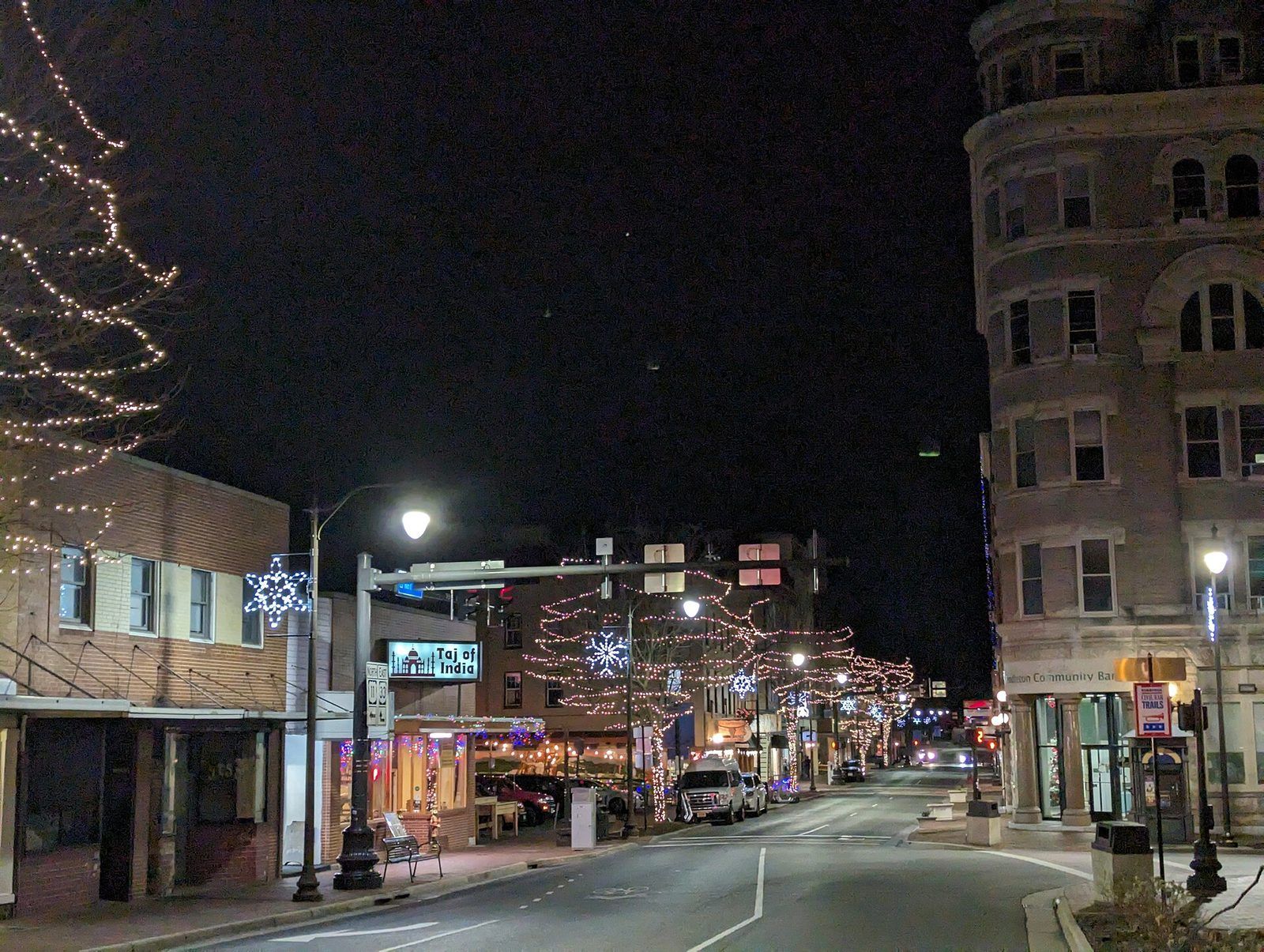 Downtown Harrisonburg, VA, during a winter night